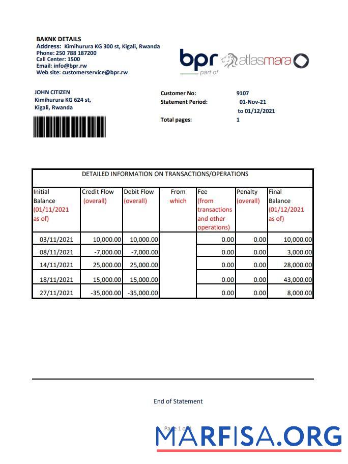 Руанда BPR Банковский Выписка из банка Excel макет