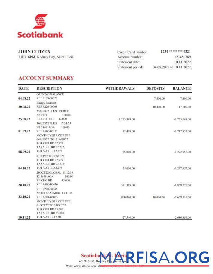 Saint Lucia Scotiabank Банковский Выписка из банка Excel предпросмотр