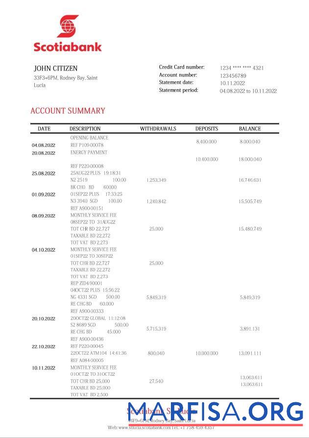 Saint Lucia Scotiabank Банковский Выписка из банка Word макет