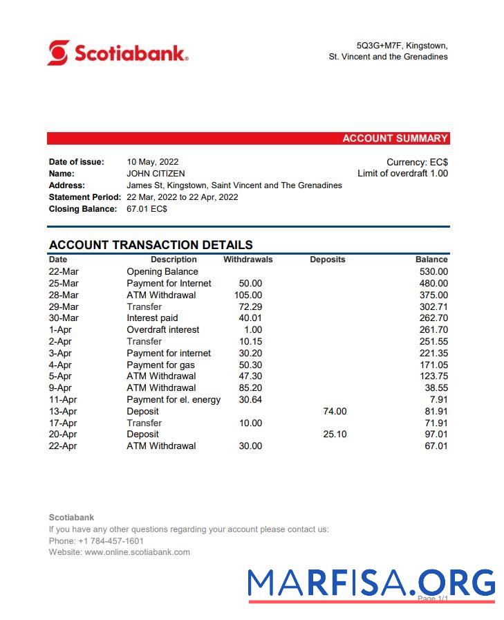 Saint Vincent and The Grenadines Scotiabank Банковский Выписка из банка Excel макет