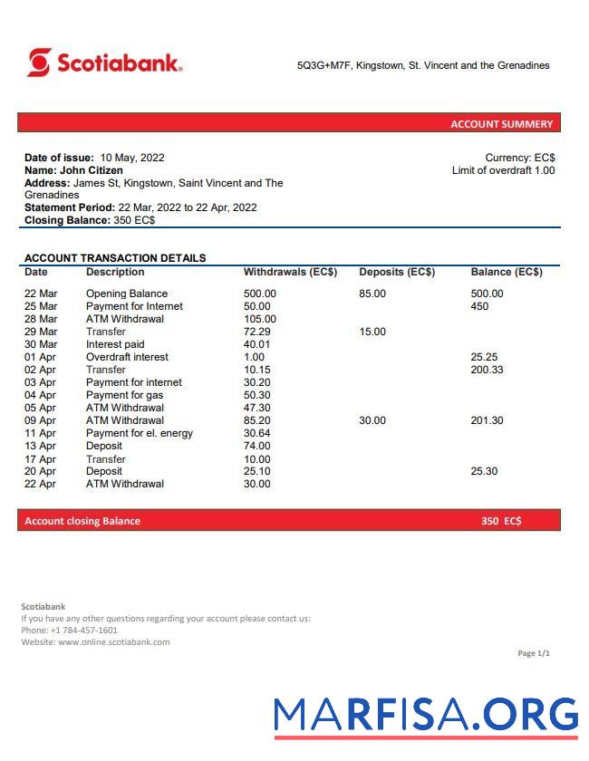 Saint Vincent and The Grenadines Scotiabank Банковский Выписка из банка Word образец