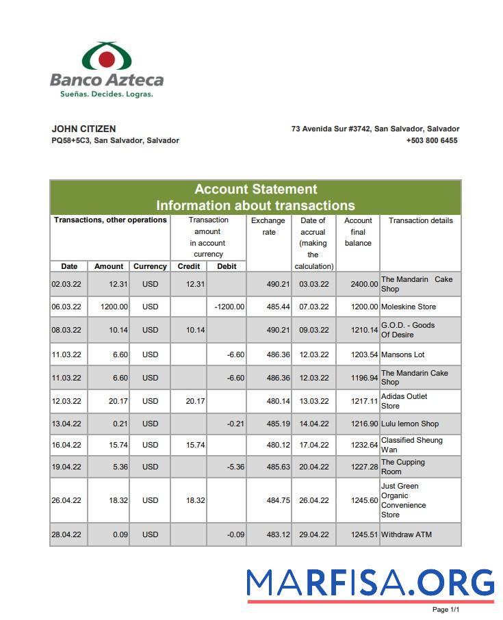 Salvador Banco Azteca Банковский Выписка из банка Excel дизайн