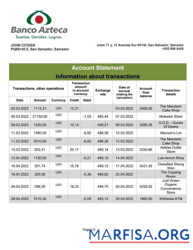 Salvador Banco Azteca Банковский Выписка из банка Word предпросмотр