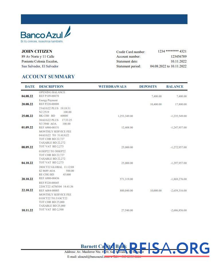 Salvador Banco Azul Банковский Выписка из банка Excel дизайн