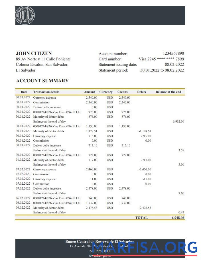 Salvador Banco Central de Reserva de Сальвадор Банковский Выписка из банка Excel предпросмотр