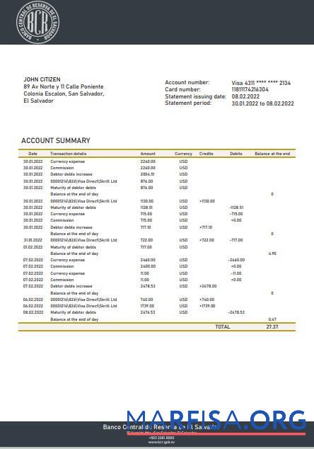 Salvador Banco Central de Reserva of Сальвадор Банковский Выписка из банка Excel дизайн