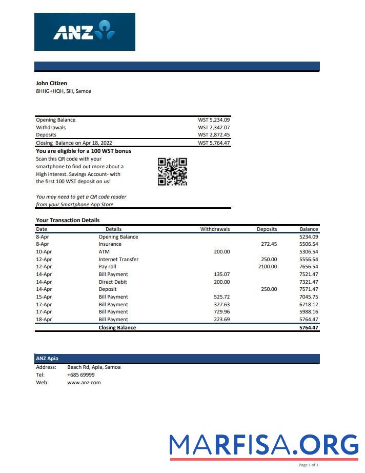 Самоа ANZ Банковский Выписка из банка Excel дизайн