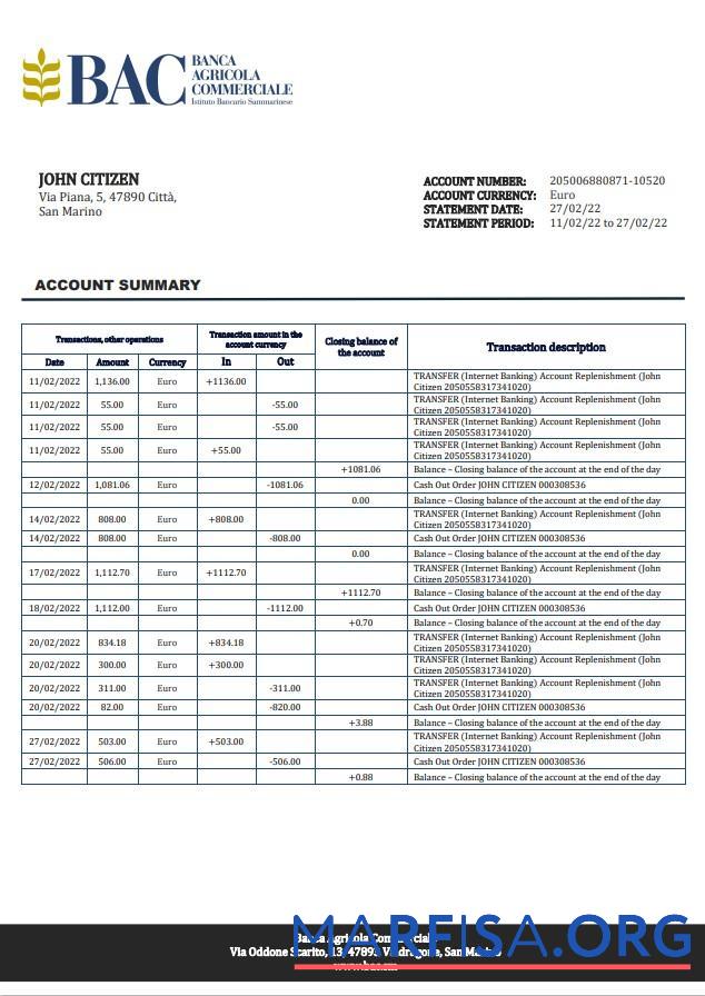 Сан-Марино Banca Agricole Commerciale Банковский Выписка из банка Word дизайн