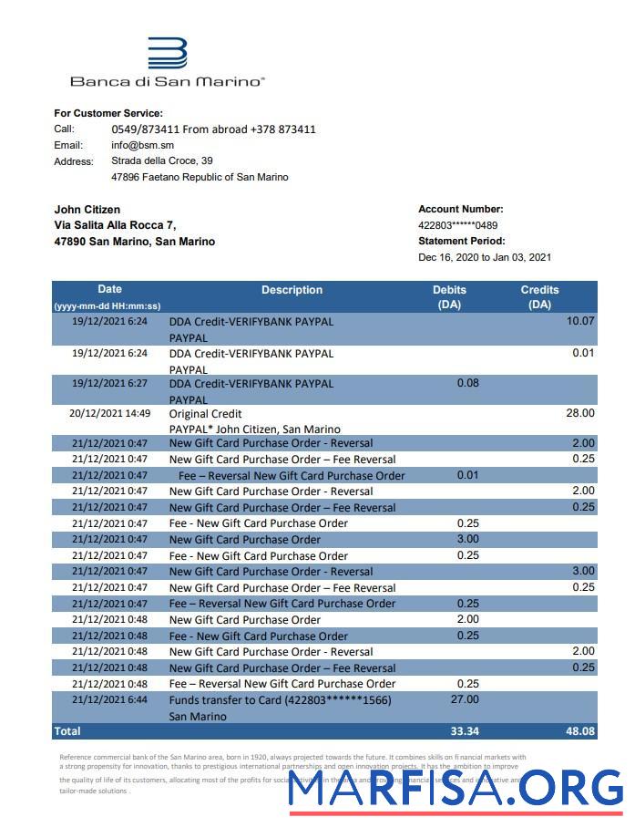 Сан-Марино Banca di Сан-Марино Банковский Выписка из банка Excel Версия 2 образец