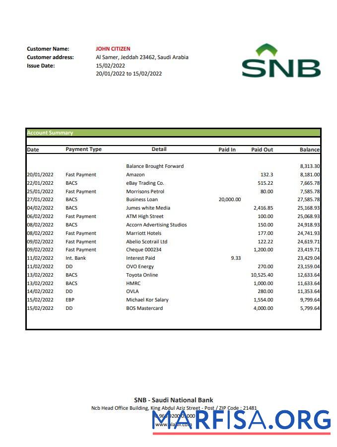 Саудовская Аравия SNB Банковский Выписка из банка Excel дизайн