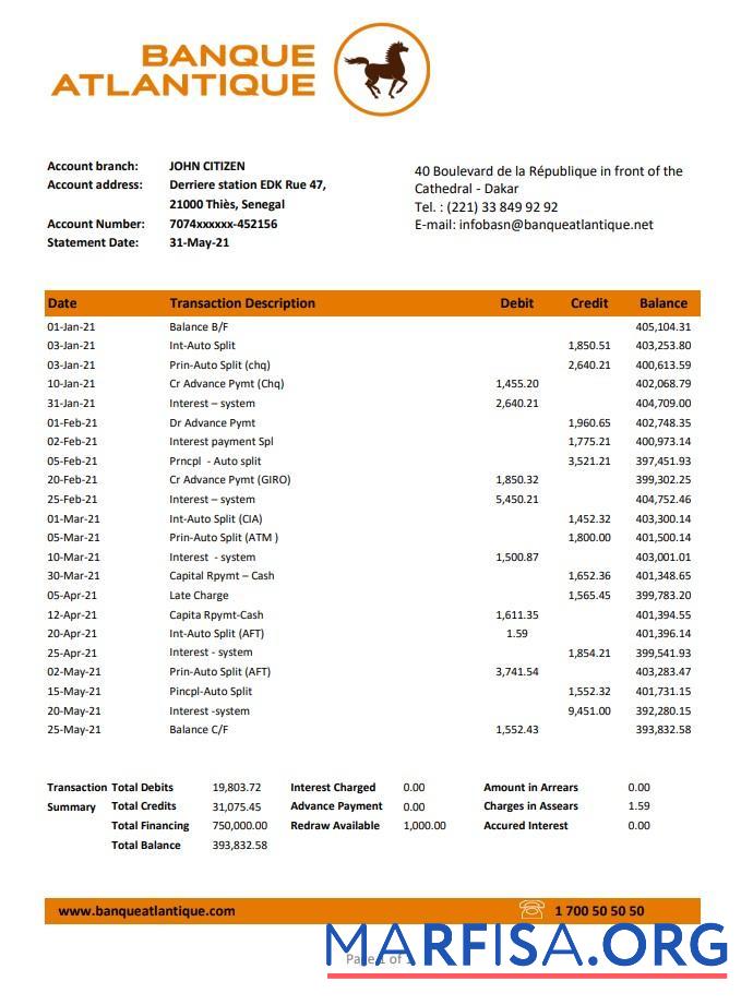 Сенегал Banque Atlantique Банковский Выписка из банка Excel предпросмотр