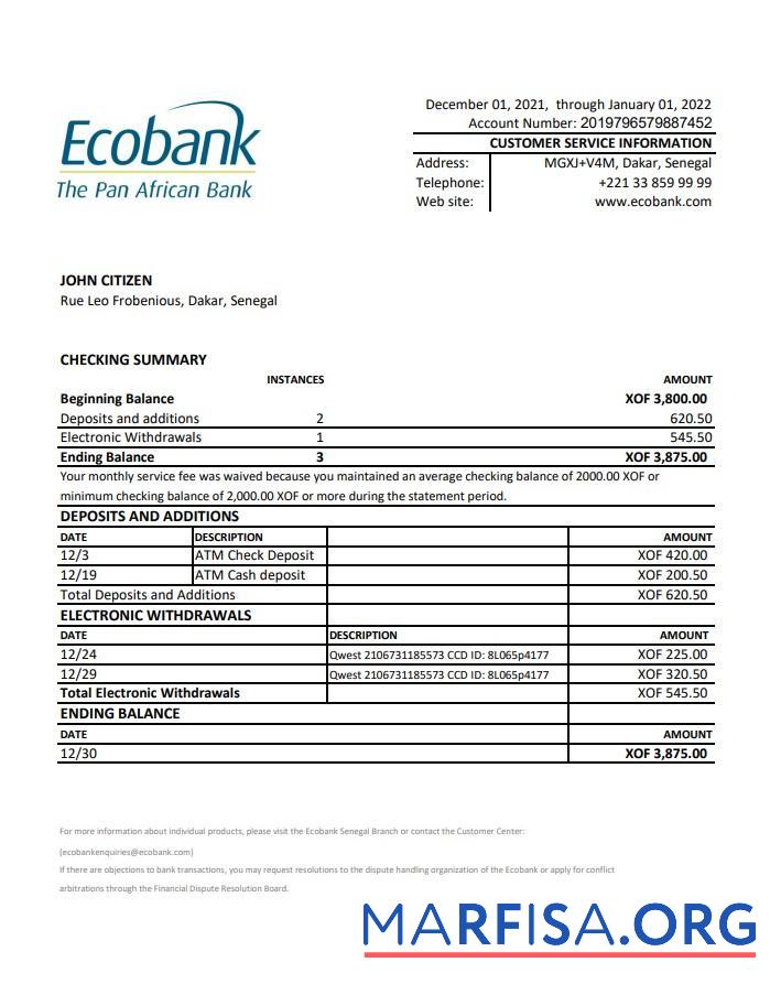 Сенегал Ecobank Банковский Выписка из банка Excel шаблон