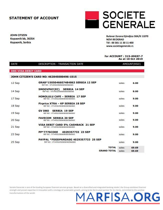 Сербия Societe Generale Банковский proof of address Выписка из банка Word шаблон