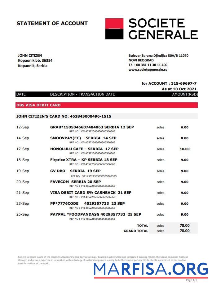 Сербия Societe Generale Банковский Выписка из банка Excel макет