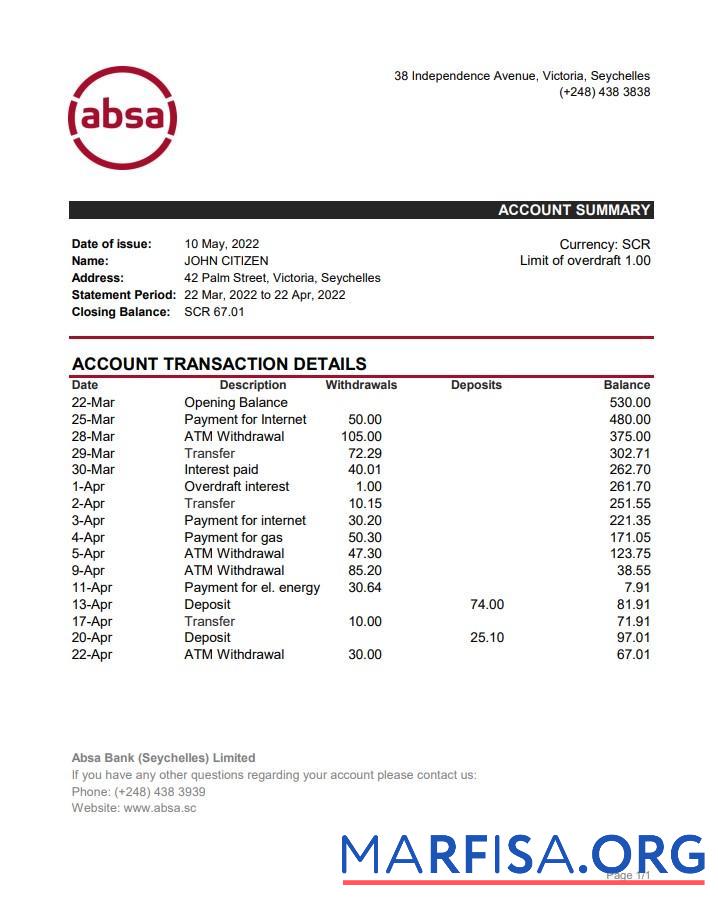 Сейшелы ABSA Банковский Выписка из банка Excel предпросмотр
