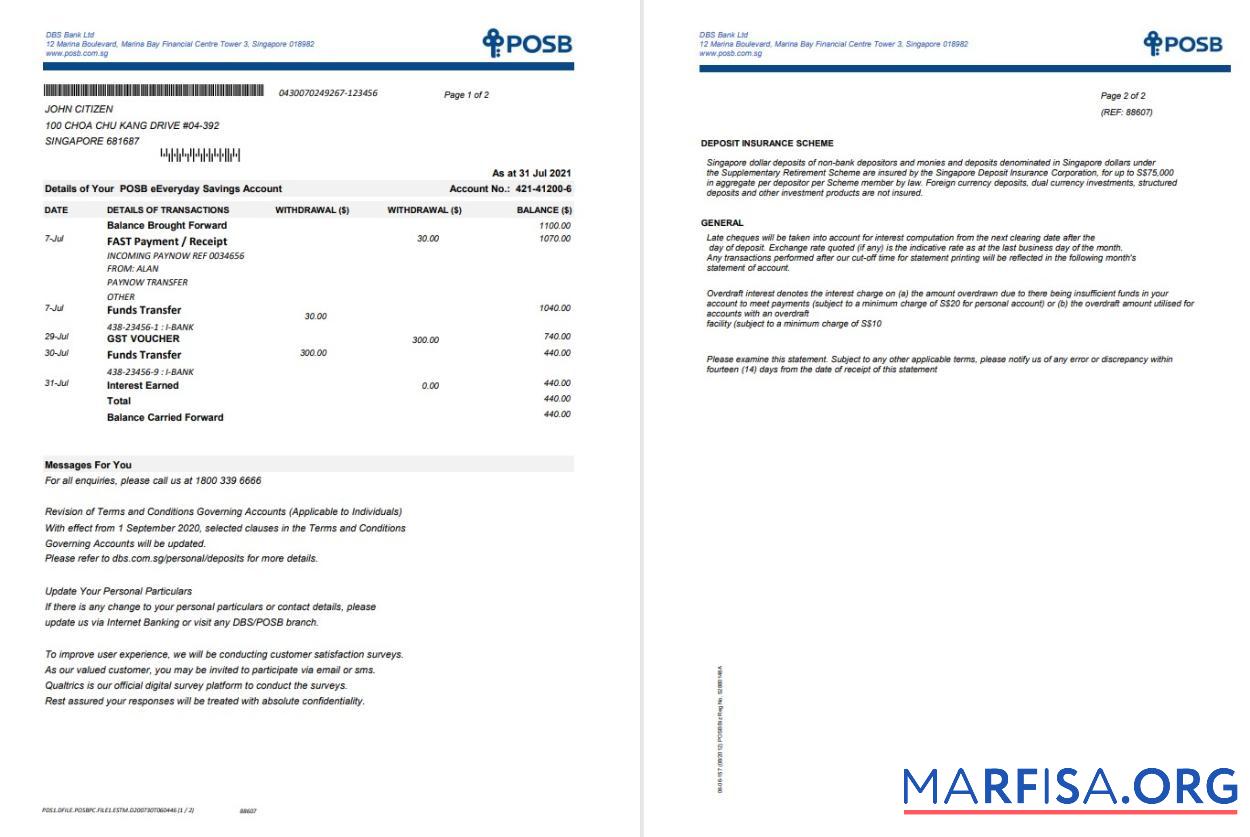 Сингапур DBSbank Выписка из банка Word 2 pages шаблон