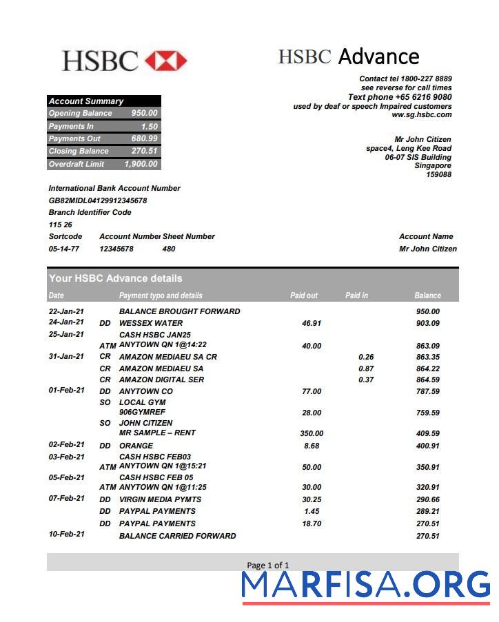 Сингапур HSBC Банковский Выписка из банка Excel макет