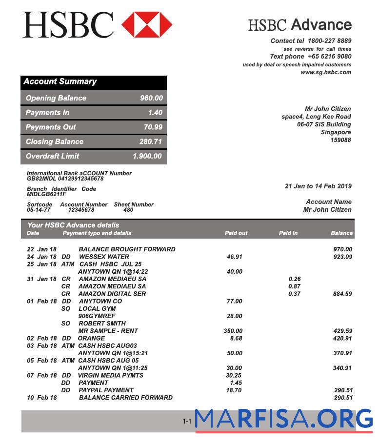Сингапур HSBC Банковский Выписка из банка Word дизайн