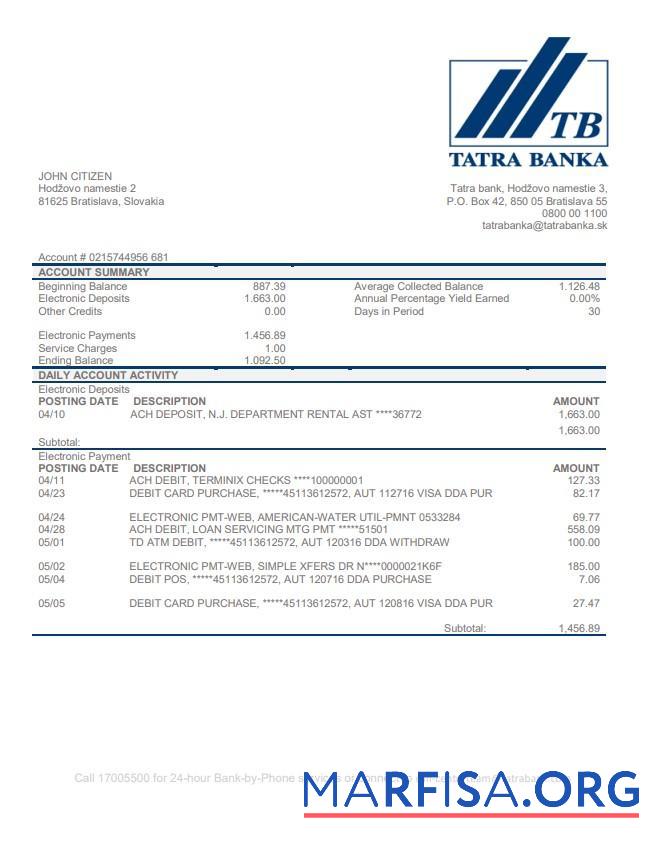 Словакия Tatra Банковский proof of address Выписка из банка Word макет