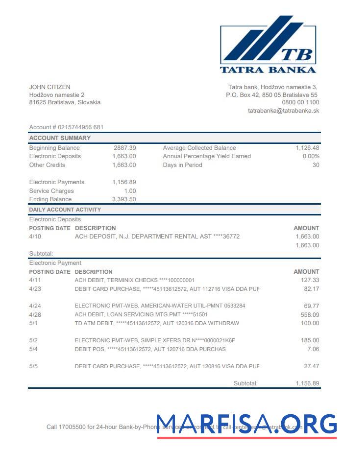 Словакия Tatra Банковский Выписка из банка Excel шаблон