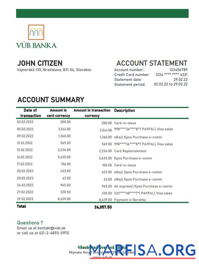 Словакия VUB Банковский Выписка из банка Excel образец
