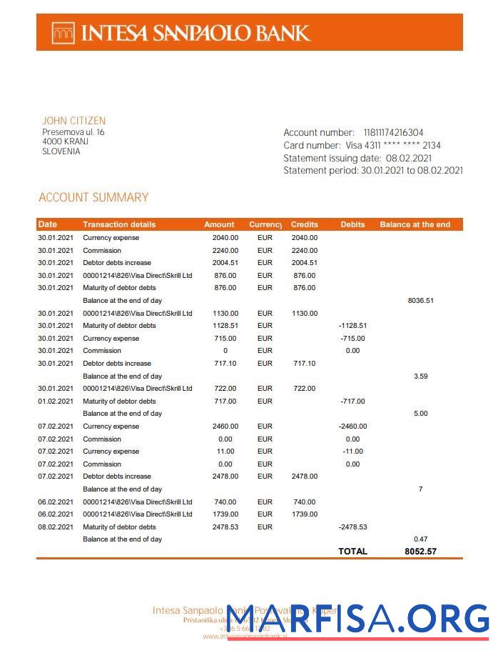 Словения Intesa Sanpaolo Банковский, Poslovalnica Koper Банковский Выписка из банка Excel дизайн
