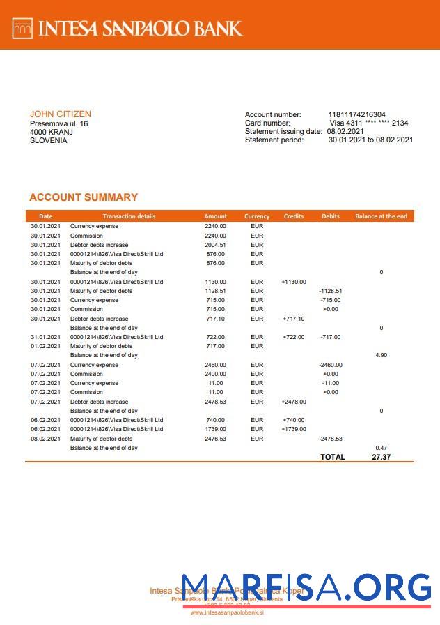 Словения Intesa Sanpaolo Банковский, Poslovalnica Koper Банковский Выписка из банка Word дизайн