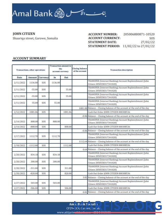 Сомали Amal Банковский Выписка из банка Excel шаблон