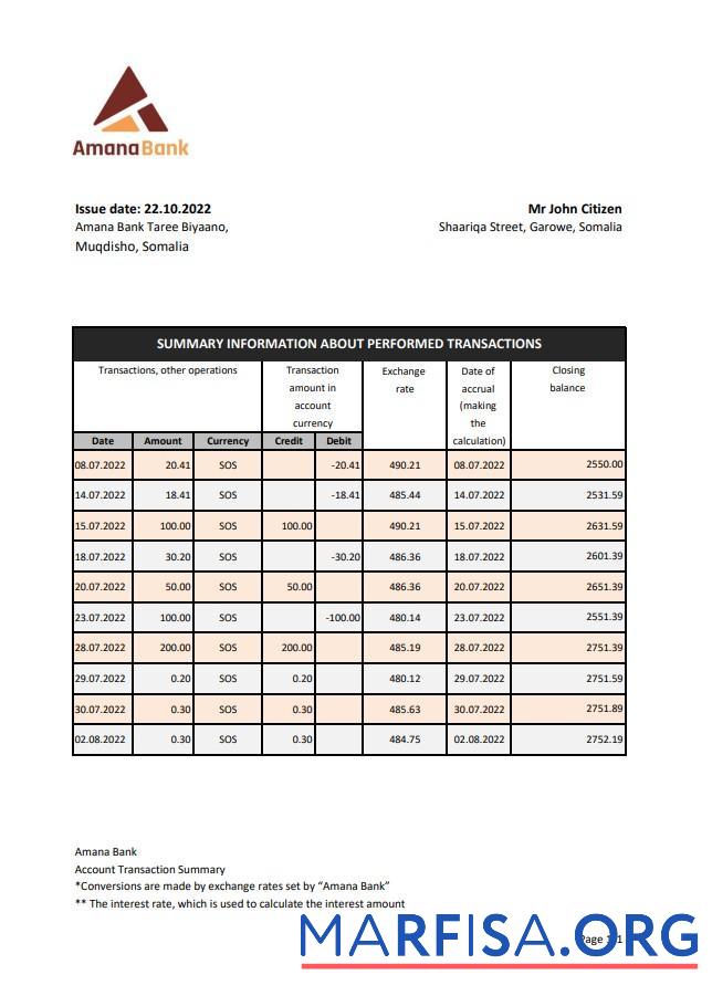 Сомали Amana Банковский Выписка из банка Excel шаблон