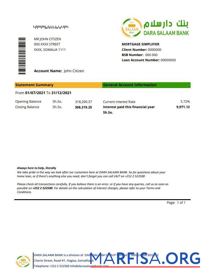 Сомали Dara Salaam Банковский Выписка из банка Excel шаблон