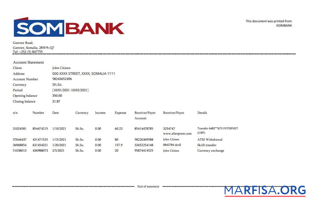 Сомали Sombank Банковский Выписка из банка Excel макет