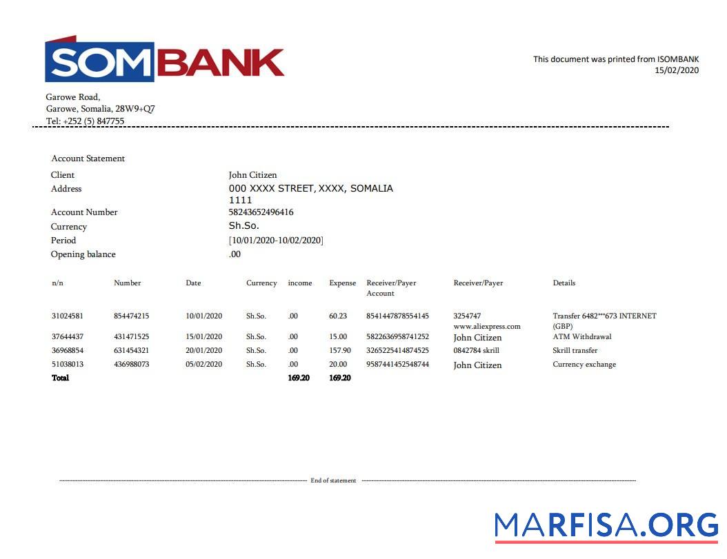 Сомали Sombank Банковский Выписка из банка Word предпросмотр