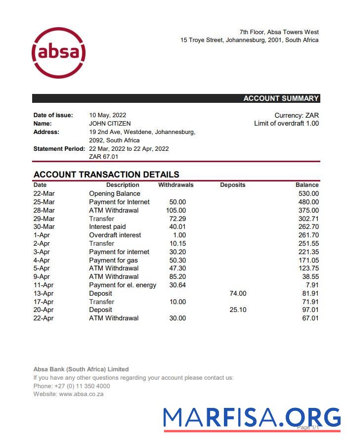 Южная Африка ABSA Банковский Выписка из банка Excel предпросмотр