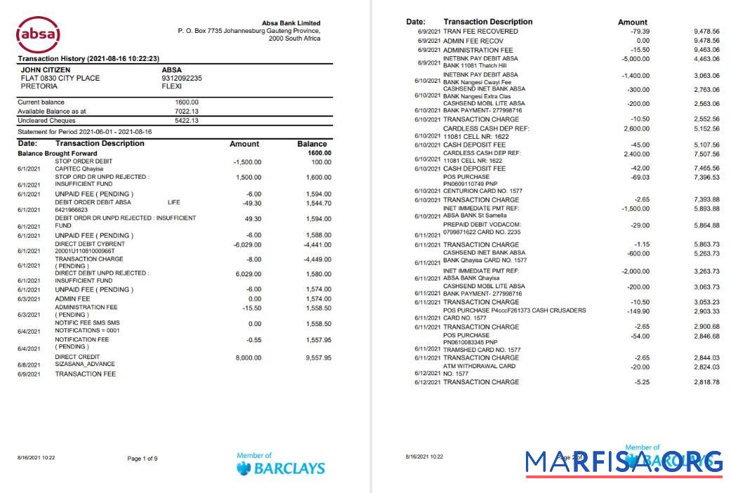 Южная Африка ABSAbank Выписка из банка 9 pages Excel образец