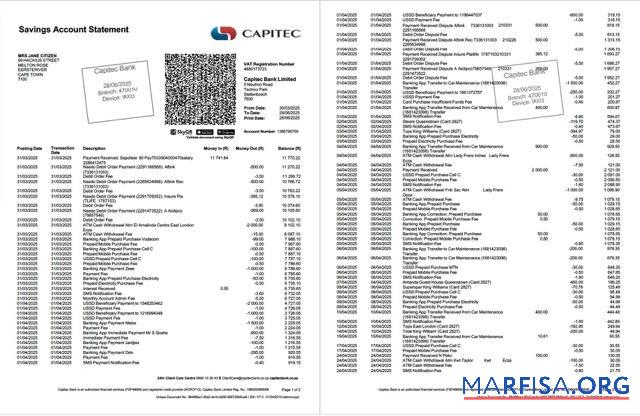 Южная Африка Capitec Банковский Аккаунт Выписка из банка Word 2 pages ┬á макет
