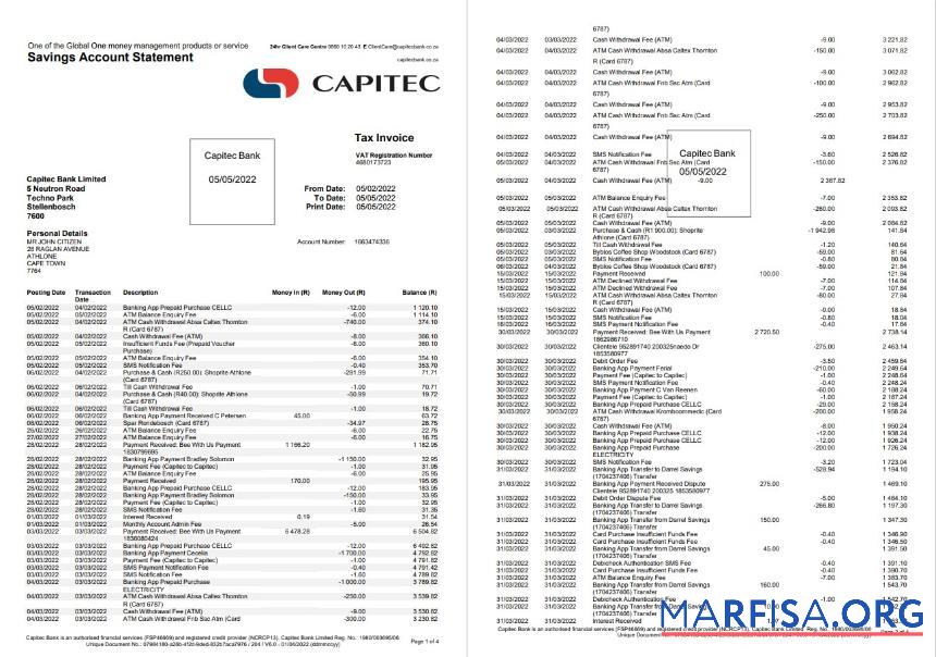 Южная Африка Capitec Банковский savings Аккаунт Выписка из банка Word 4 pages макет