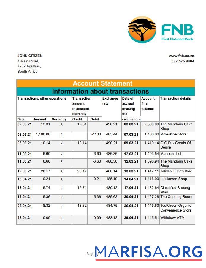 Южная Африка FNB Банковский Выписка из банка Excel макет