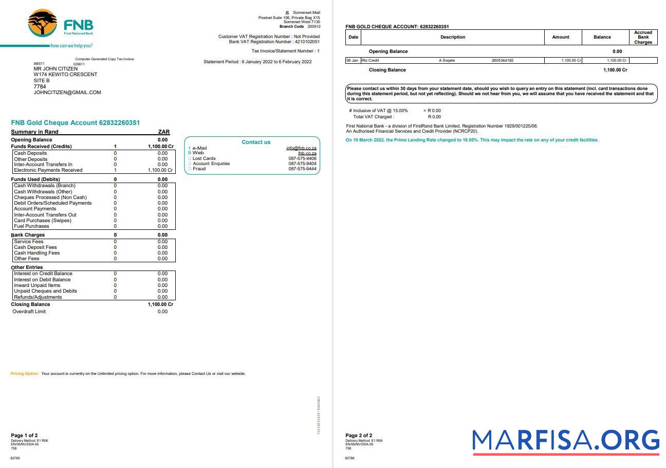 Южная Африка FNB Банковский Выписка из банка Word 2 pages шаблон
