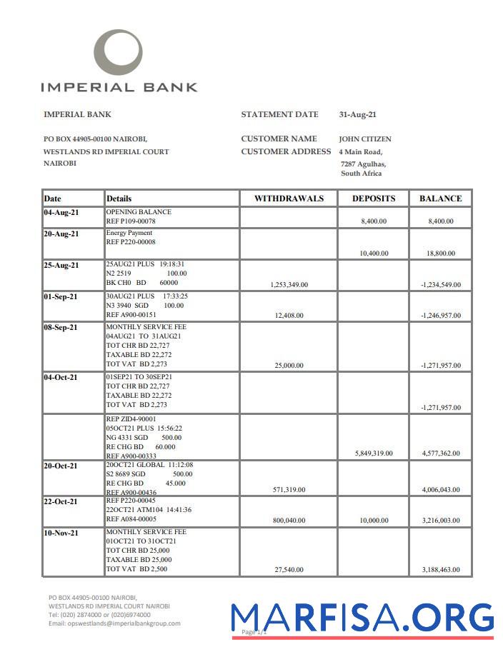 Южная Африка Imperial Банковский Выписка из банка Excel макет