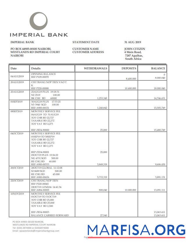 Южная Африка Imperial Банковский Выписка из банка Word макет