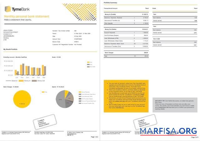 Южная Африка Tyme Банковский Выписка из банка Word 2 pages макет