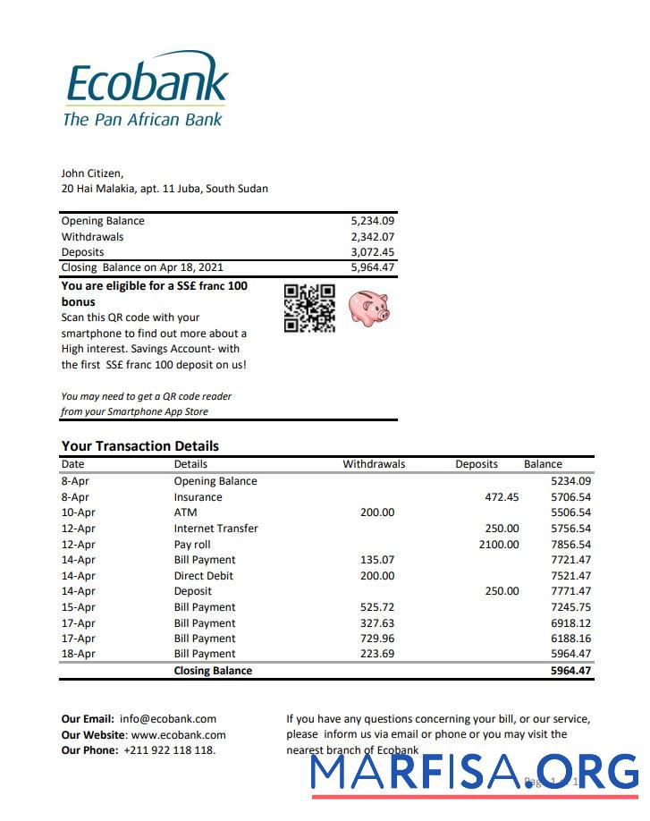 Южный Судан Ecobank Банковский Выписка из банка Excel дизайн