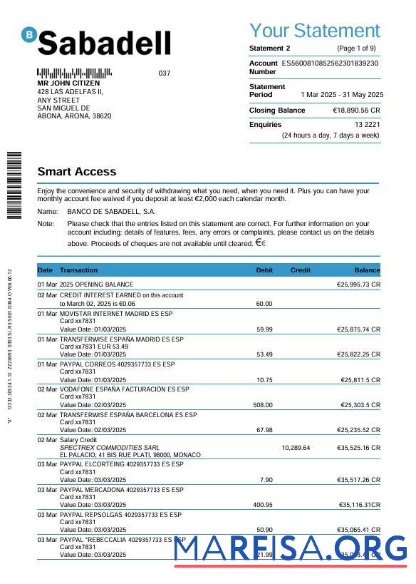 Испания Sabadell Банковский Выписка из банка 3 month Word 9 pages шаблон