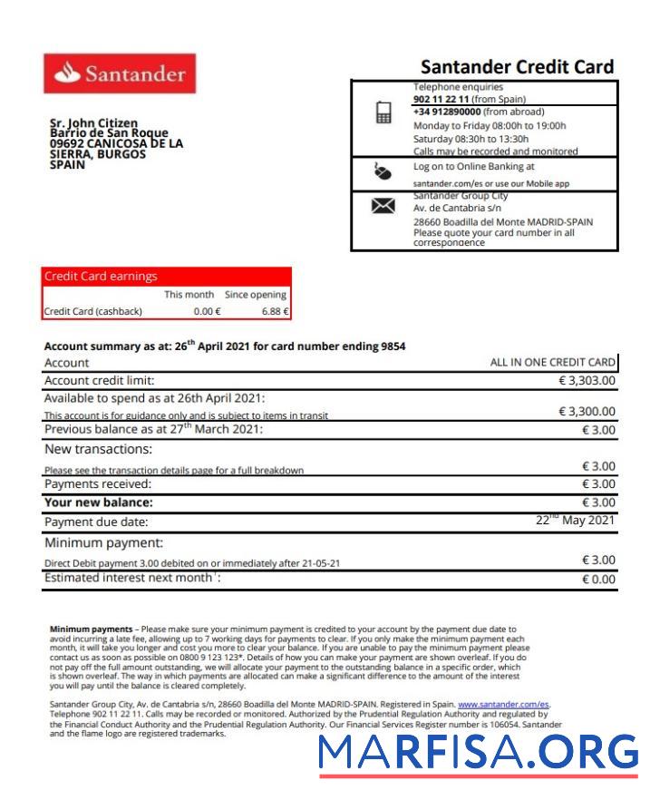 Испания Santander Банковский Выписка из банка 1 Страница Excel шаблон