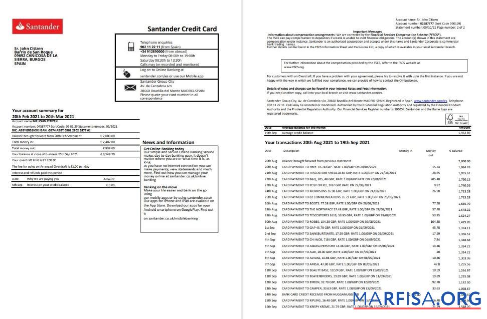 Испания Santander Банковский Выписка из банка 2 pages Excel предпросмотр
