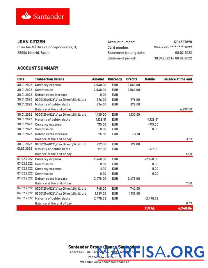 Испания Santander Банковский Выписка из банка Excel макет