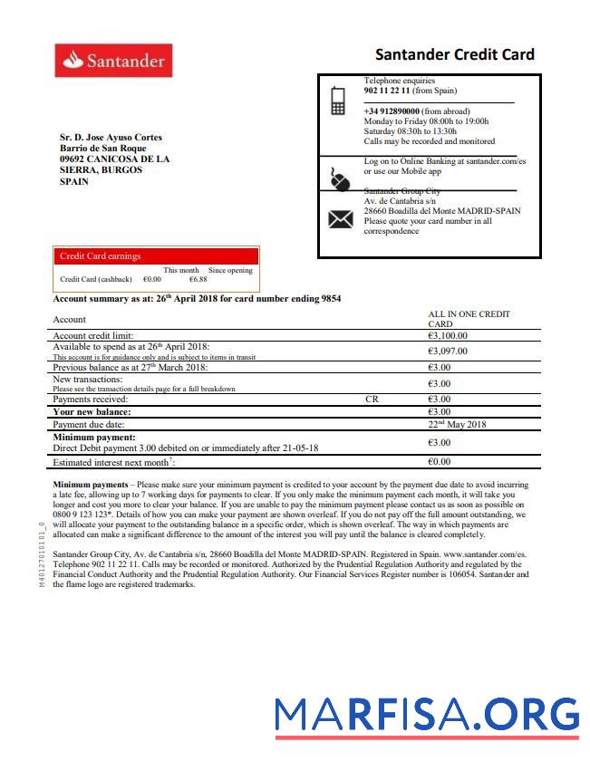 Испания Santander Кредит Карта proof of address Банковский Выписка из банка Word шаблон
