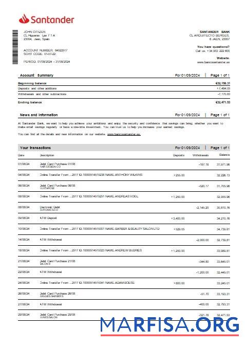 Испания Santander Дебет Карта Банковский Выписка из банка Word дизайн