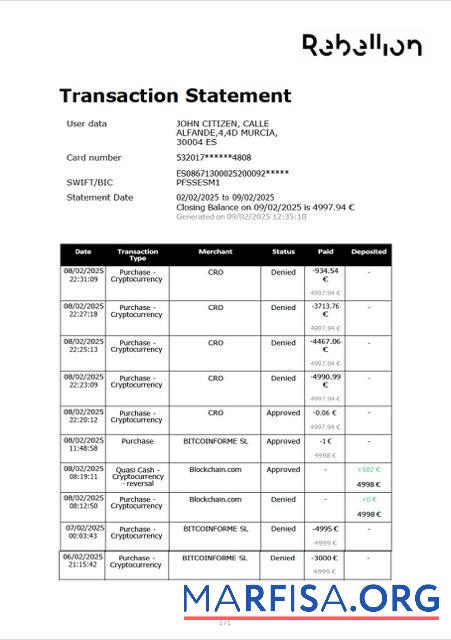 Испания┬áRebellion Pay┬áТранзакция Выписка из банка Word образец