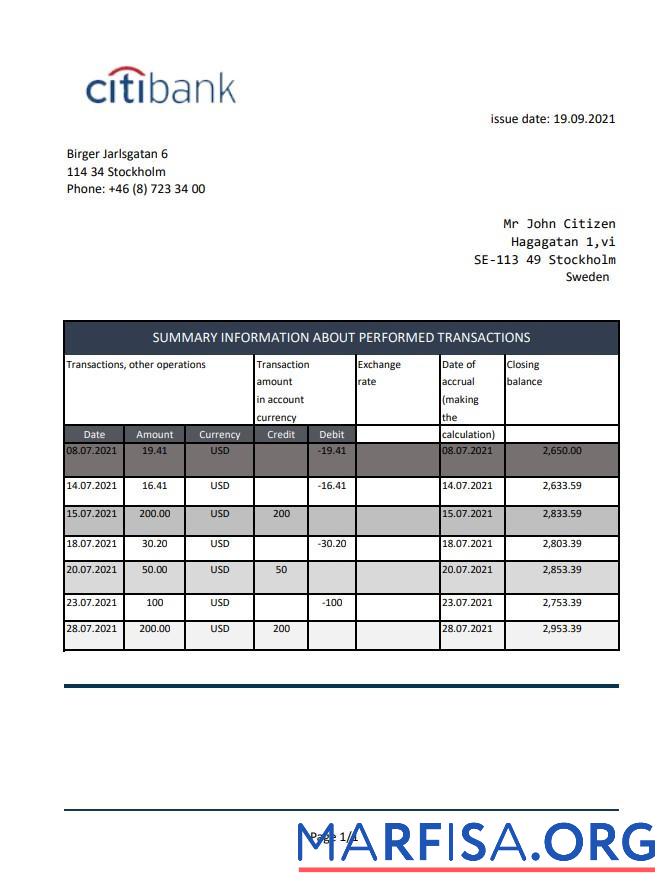 Швеция Citibank Банковский Выписка из банка Excel шаблон
